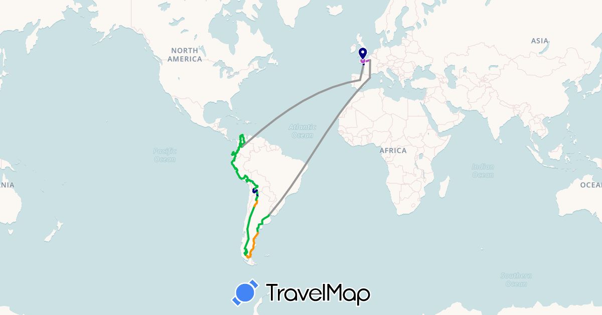 TravelMap itinerary: driving, bus, plane, train, hiking, boat, hitchhiking in Argentina, Bolivia, Chile, Colombia, Ecuador, Spain, France, Peru (Europe, South America)
